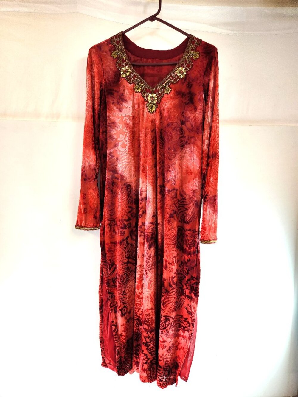 90s Velvet Sheer Maxi Dress Red / Gold Long Sleeve